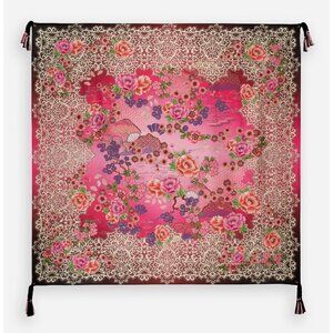 Johnny Was Pink Lace Silk Scarf Square Large Bold Floral Black Flower Tassels NW